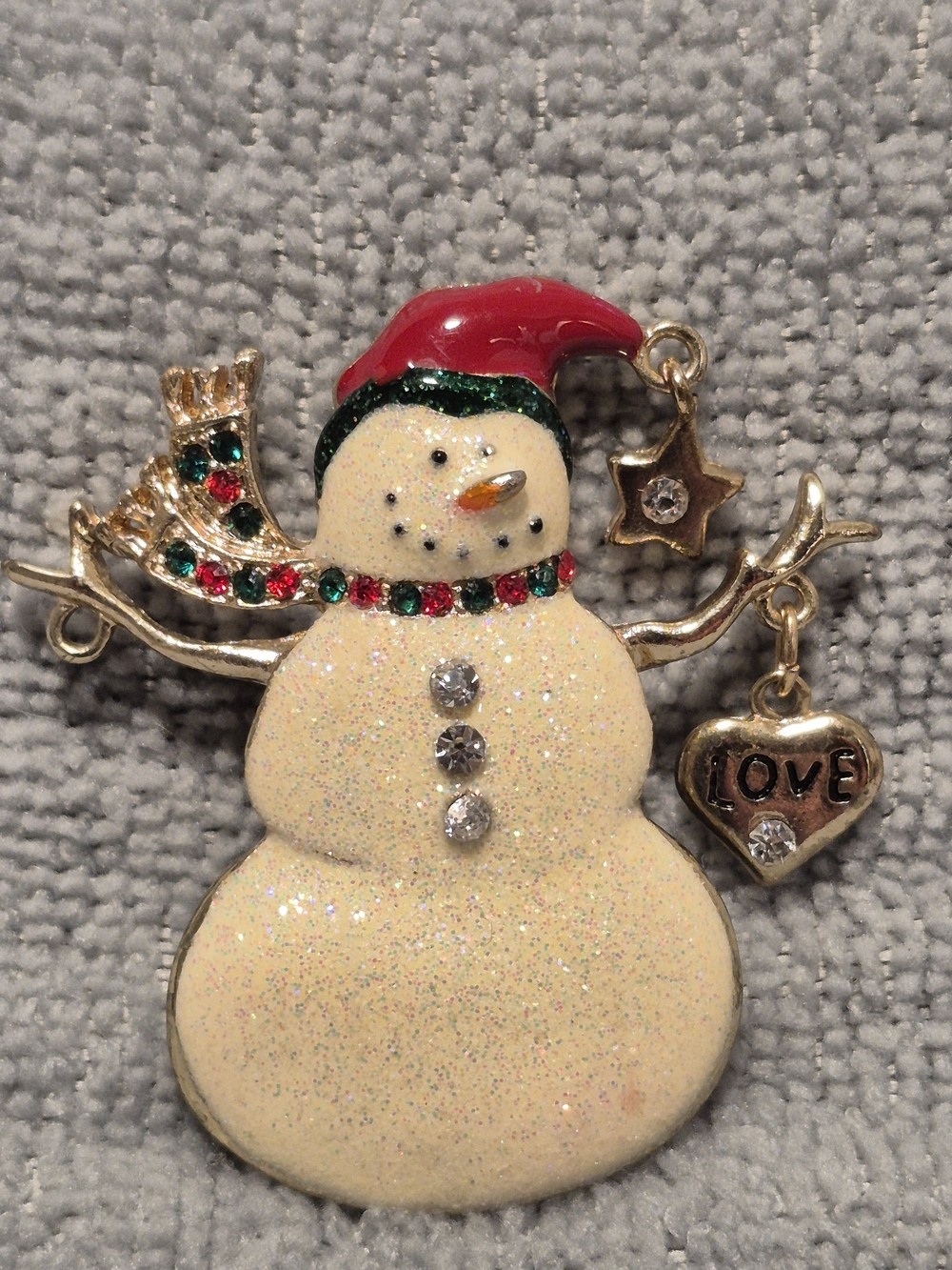 Festive Glitter Snowman Brooch with Red Hat and Green And Red Scarf. Christmas